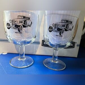 PAIR of Vintage clear glass Thumbprint goblets- 1929 Cord Auburn Autos Cars EUC